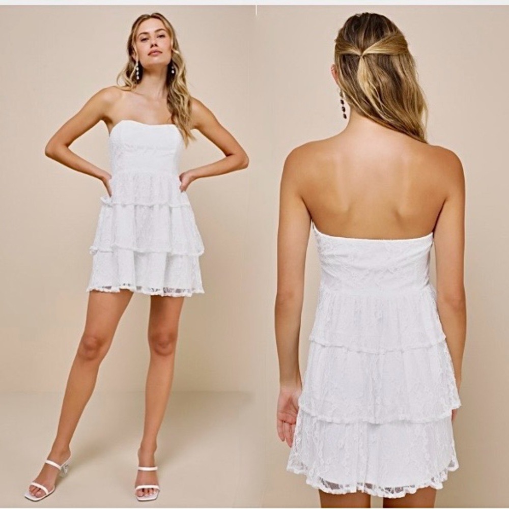 Lulus Sweet Perception White Lace Strapless Tiered Mini Dress, Size S, NWT - Picture 2 of 15